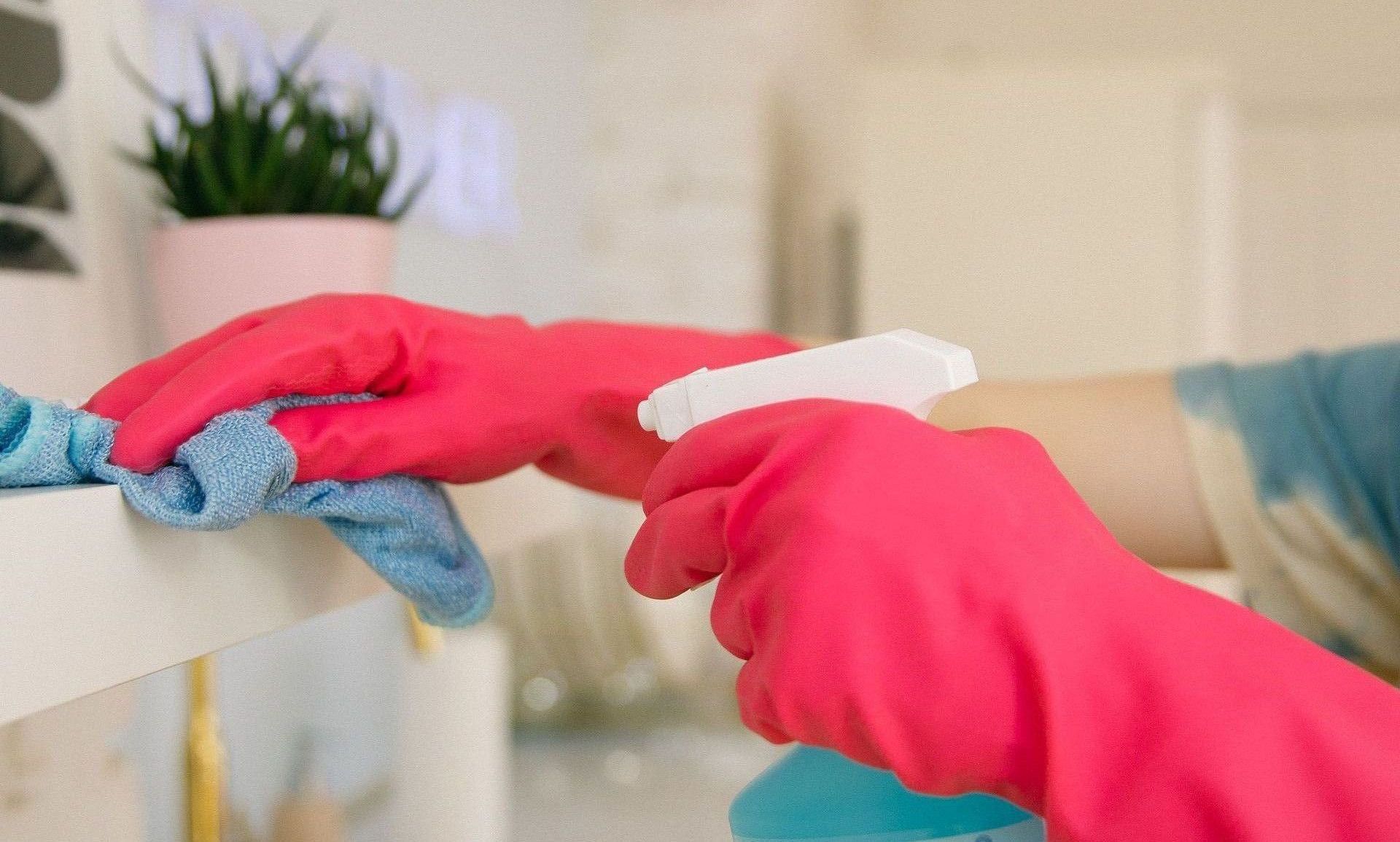 Person using spray bottle and cloth for cleaning a kitchen shelf, ensuring hygiene and cleanliness.